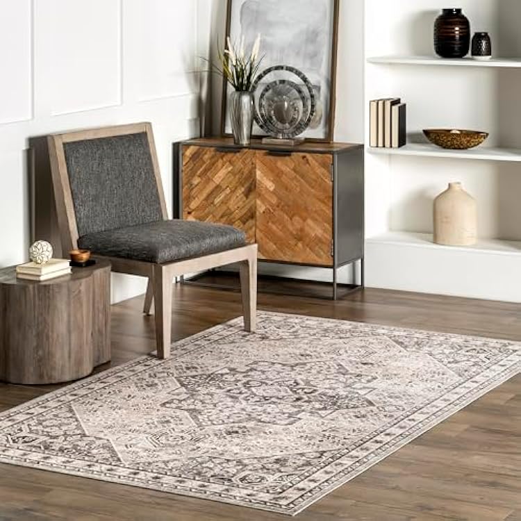 Nuloom Splashguard Eira TaupeIvory, 6 x 9, Vintage, Soft and Cozy, High Traffic, Stain Resistant, Easy Clean, Durable, Machine Washable Area Rug for Bedroom, Living Room, Dining, Den, Foyer