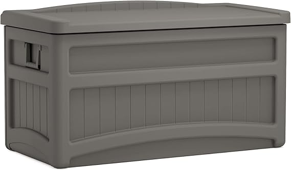 Suncast 73 Gal, Resin Deck Box with Wheels, Handles and Seat, Stoney