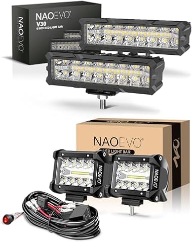 NAOEVO 6 inch Led Light Bar and NAOEVO 4 Inch LED Pod Lights with 2 Leads Wiring Harness