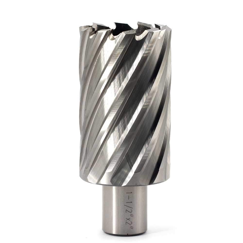 Annular Cutter HSS TiN Coated JESTUOUS 3/4 Inch Weldon Shank 2 Cutting Depth 1-1/2 Cutting Diameter Two Flat Bit for Drill Press with Pilot Pin