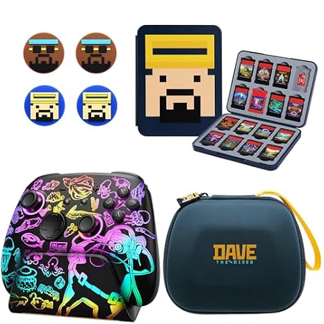 FUNLAB Switch 2 Accessories Bundle - Dave the Diver Version: Switch Pro Controller with Charging Dock, Pro Controller Case, Switch 2 Game Case and Thumb Grips