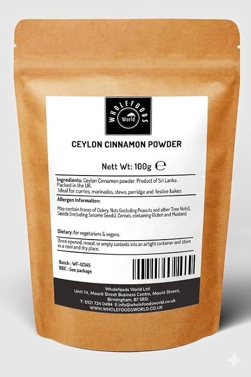 Wholefoods World Ceylon Cinnamon Powder Ground for Baking and Cooking 100g