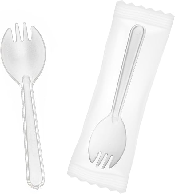Mini Plastic Sporks Disposable Individually Wrappe, Clear Forks and Spoons 2 in 1 Small Utensils 4.3" 100 PCS