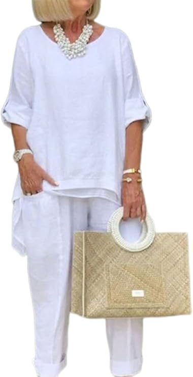ZOCAVIA Women's Long Sleeve 2 Piece Cotton Linen Sets Casual Pant Suits Lounge Sets Crewneck Shirts and Wide Leg Pants