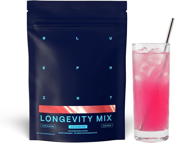 Blueprint Bryan Johnson Longevity Mix - Muscle Builder & Recovery Supplement - Promotes Focus and Balanced Mood - Magnesium, Creatine, L-Theanine, Glutathione & Vitamin C- 30 Servings, Blood Orange