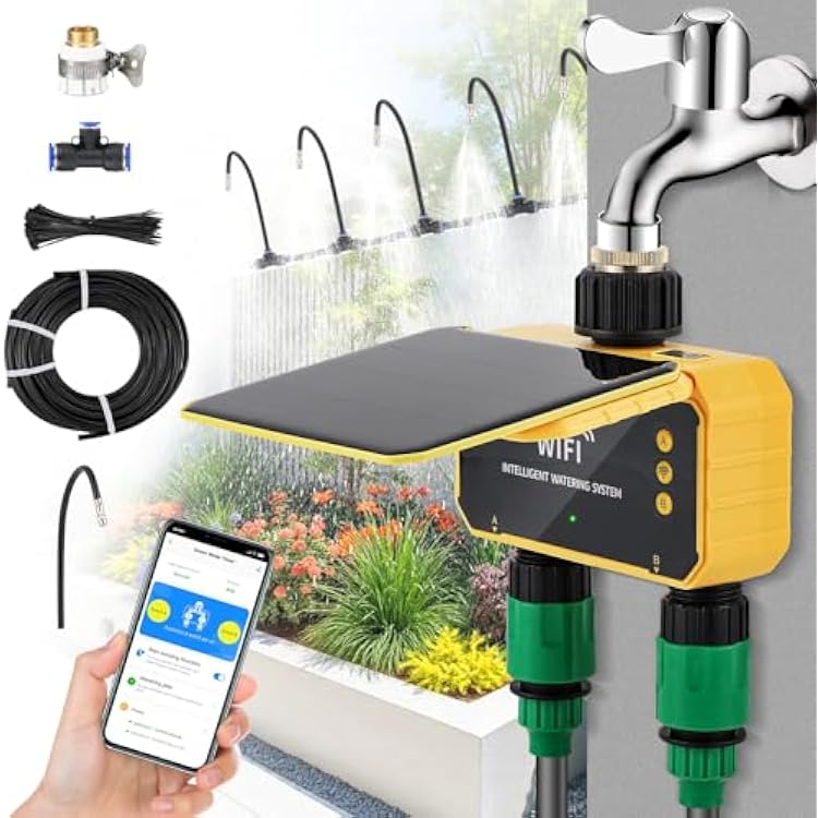 Moongiantgo Smart Solar WiFi Timer Kit, App Control Sprinkler Timer with 30m Pipe30 360 Degree Bending Nozzle, Outdoor Automatic Watering System Kit with Rain Delay for Irrigation Lawn Yard Garden