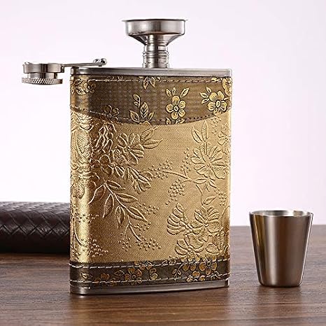 Golden pattern 8 Oz Flask Gift Hip Flask Stainless Steel(304/18-8 SS).Bonus 2 Shot Glass+1Funnel+1Giftbox.Flask Leak Proof Tested.Flask for Liquor/Alcohol.Flask for Men/Women