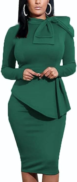 PerZeal Women's Peplum Bodycon Long Sleeve Wear to Work Dresses Bow Party Club Ruffle Formal Cocktail Pencil Dress