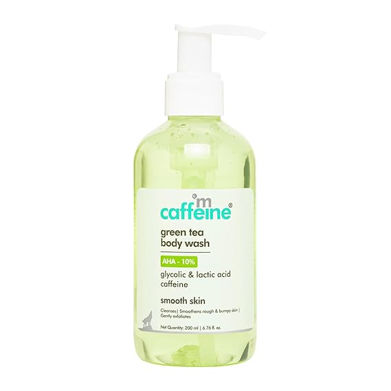 mCaffeine Green Tea Body Wash with AHA 10 Percent - Sulphate-Free - Lactic Acid Reduces Bumps and Dark Patches - Glycolic Acid Exfoliates - 6.76 oz