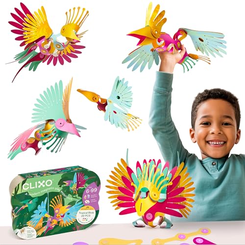 Clixo Tropical Birds Pack - Magnetic STEAM Building Toy Set with Custom Wing-Flapping Mechanism for Creative Play, Ages 6
