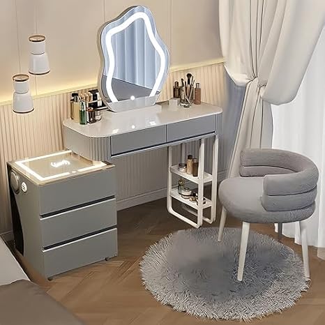 3 in 1 Dressing Table with Flip-top Mirror and Rolling Stool LED Lights Integrated Makeup，Wooden Vanity Set with LED Lights Makeup Mirror 5 Drawer Dressing Table for Bedroom - Stylish Schmin