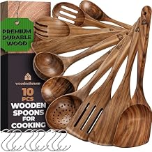 Wooden Spoons for Cooking 10 Pcs Premium Teak Wooden Utensil Set with Hooks - Durable, Nonstick Safe, Easy to Clean & Heat Resistant with Ergonomic Handles