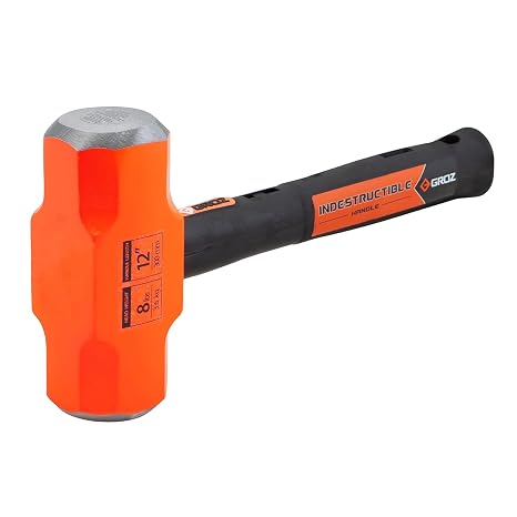 Groz 8 lb Sledge Hammer with Indestructible Steel Bar Handle, 12" Professional Demolition Hammer, Vibration-Reducing Grip, Never Break or Loosen (34522)