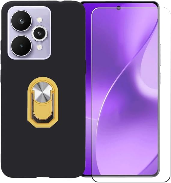 ケース のための Realme 15 Pro 5G 6.8" リングサポート+ 強化ガラススクリーンプロテクター、柔軟なシリコーンシェルバンパーTPU保護カバーを備えた,イエロー