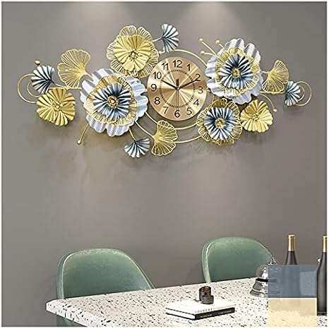 Ginkgo Leaf Pattern Silent Wall Clock, Fashion 3D Metal Art Large Decor, NonTicking Modern Quartz for Living Room Kitchen Bedroom
