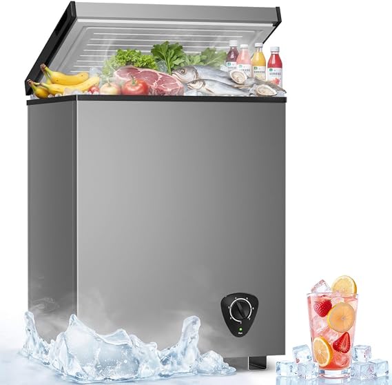 Small Chest Freezer - Compact Deep Freezer 7 Adjustable Temperature with Removable Basket, 3.5 Cubic Feet Energy Saving Super Quiet for Garage, Office, Kitchen, or Apartment, Gray