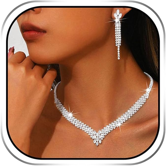 Sixexey Rhinestone Wedding Jewelry Set Prom Necklace Earrings Bridal Jewelry Accessories for Women