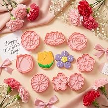Vesici 8 Pcs Flower Cookie Cutters Set with Plunger, 3D Tulip Rose Daisy Sunflower Variety, Plastic Pink Mold for Wedding, Bridal Shower, Graduation and Spring Summer Party Cookie Making Supplies