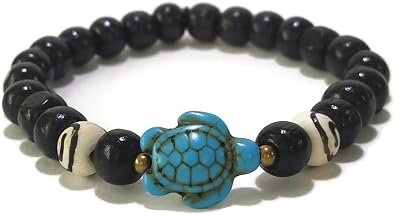 Wooden Beads Bracelets SeaTurtle Turquoise Color and Yin Yang Beads Stretch Bracelet for Women Men A-108