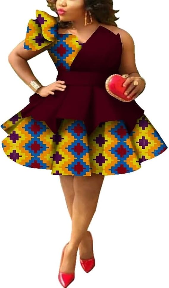 XIAOHUAGUA African Dresses for Women Ankara Print One Shoulder Multi-Layer Mini Dress Dashiki Party Wedding Clothing