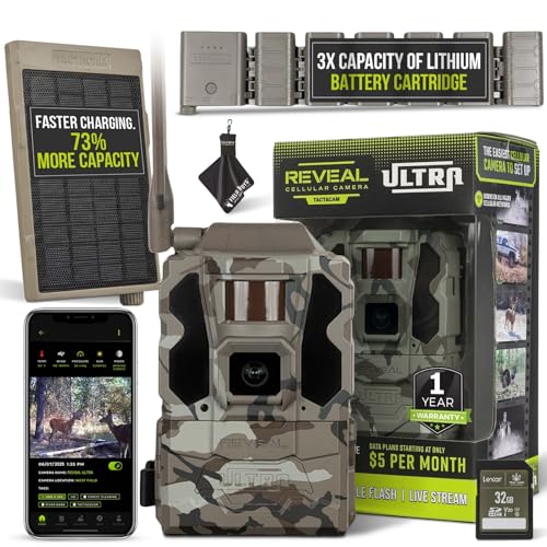 TACTACAM Reveal Ultra Cellular Trail Camera 4K Photo, 1080P Video, Live Streaming, GPS, Low-GlowNo-Glow Flash, LTE - Includes Solar Panel, Battery Belt, SD Card, Cleaning Cloth