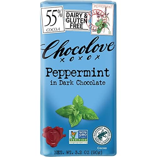 Chocolove Peppermint in Dark Chocolate, 55% Cacao | Pack of 6 | Non GMO, Rainforest Alliance Certified Cacao | 3.2oz Bar