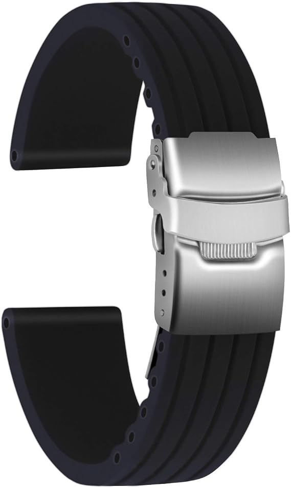 Silicone Watch Strap Replacement Rubber Watch Band Waterproof Stripe Pattern - 14mm, 16mm, 18mm, 20mm, 22mm, 24mm Watch Bracelet with Stainless Steel Deployment Buckle