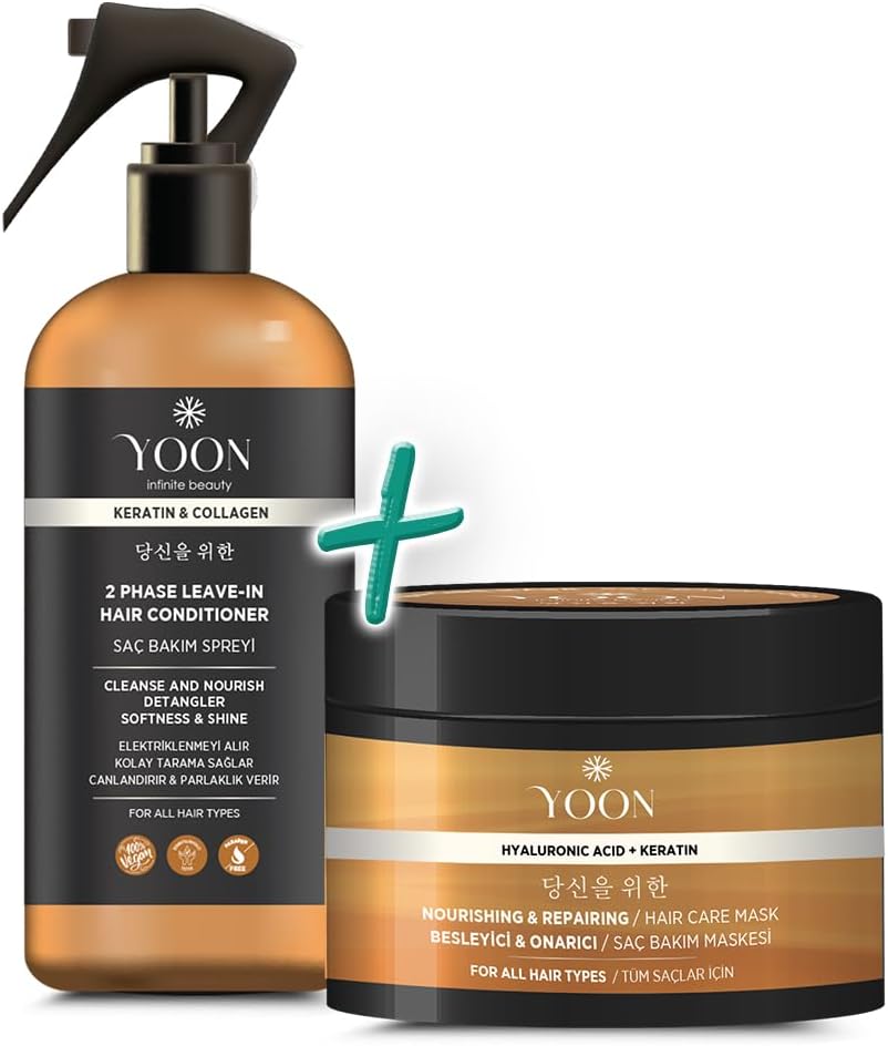 YOON 2-Piece Vegan Hair Spray & Hair Care Mask 250ml, Easy Combing and Nourishing 2-Piece Hair Care Set with Hyaluronic Acid, Keratin, Collagen and B7 Biotin