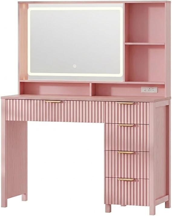 Arulvmrn 43" Large Vanity Desk with 30" HD Lighted Mirror,Modern Vanity Desk with Mirror and Lights, Makeup Vanity with 5 Drawers Pink