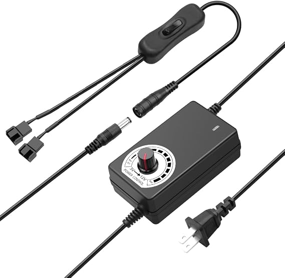 12V Fan Power Supply PWM PC Fan Speed Controller 2 x 3/4 Pin Splitter Cable | with Fan Splitter Cable DC Female to 2 x 3/4 Pin Multi-Functional,110V-240V AC to DC 3-12V 2A 24W Adjustable PC Fan Adapter