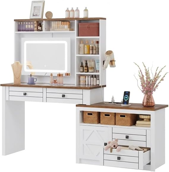 IDEALHOUSE Vanity Desk with Mirror and Lights, Makeup Vanity with 5 Drawers&Open Shelves, Makeup Desk with Charging Station, Dressing Table with 180 Swivel&Extendable Mirror for Bedroom, White