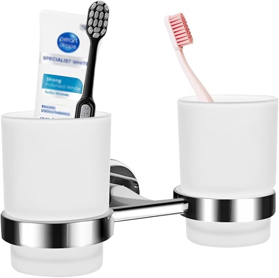 Double Toothbrush Holder, Wall Mounted Glass Tumbler Holder with Frosted Glass, Toothpaste Organizer for Bathroom