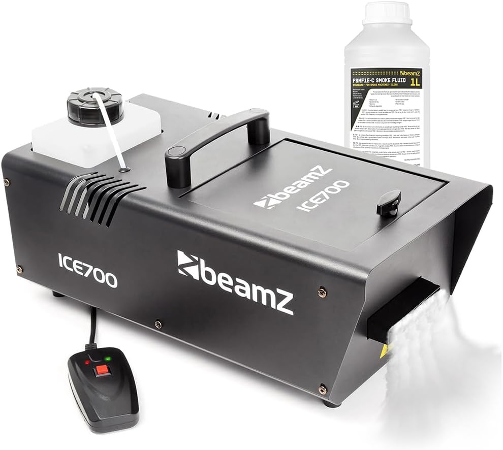 beamz ICE700 Low Fog Machine with 1L ECO Fluid & Wired Remote Control - 700W Dry Ice Effect Low Lying Fog Machine for Weddings, Parties, DJs & Events
