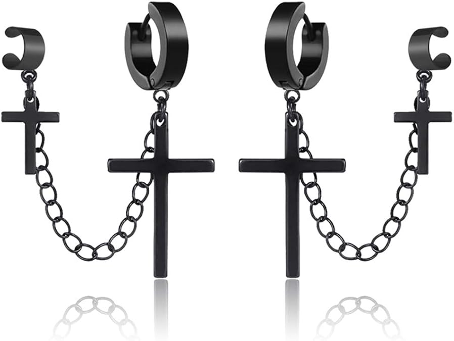 Ear Cuff Clip With Dangle Drop Cross Chain Earrings For Men Women Black Silver Stainless Steel Punk Cool Gothic Rock Fashion Cross Chain Earrings With Cuff Clip On Jewelry