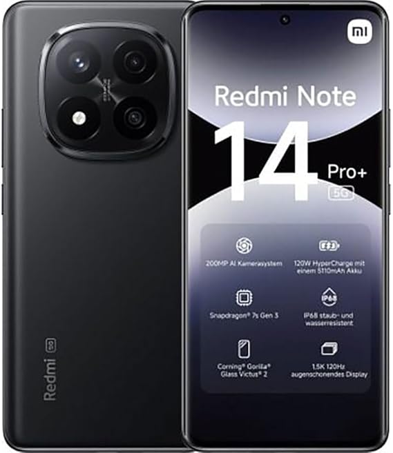 XIAOMI Redmi Note 14 Pro+ 5G - Smartphone de 8+256GB, Pantalla de 6.67" AMOLED FHD+ 120Hz, Snapdragon 7s Gen 3, cámara de 200MP, HyperCharge 120W, 5110 mAh, Cargador no Incluido, Negro (Versión ES)