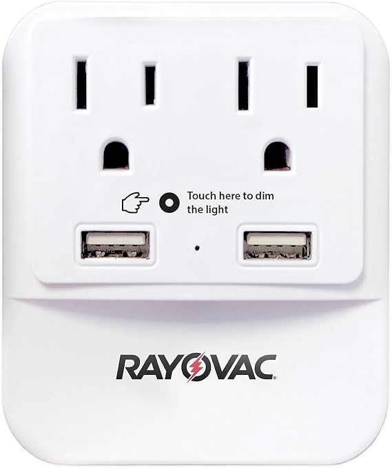 Rayovac Surge Protector with Night Light, 2 Outlet Power Strip with 2 USB-A Ports Adapter for Home, School, or Office, White