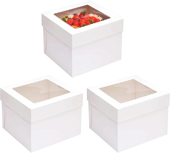 3 Pcs White Cake Boxes with Window, 8 Inch Cake Box, Cakes Containers with Removable Lids, Cardboard Square Baking Boxes, for Bakery, Cookies, Dessert, Wedding, Birthday Party
