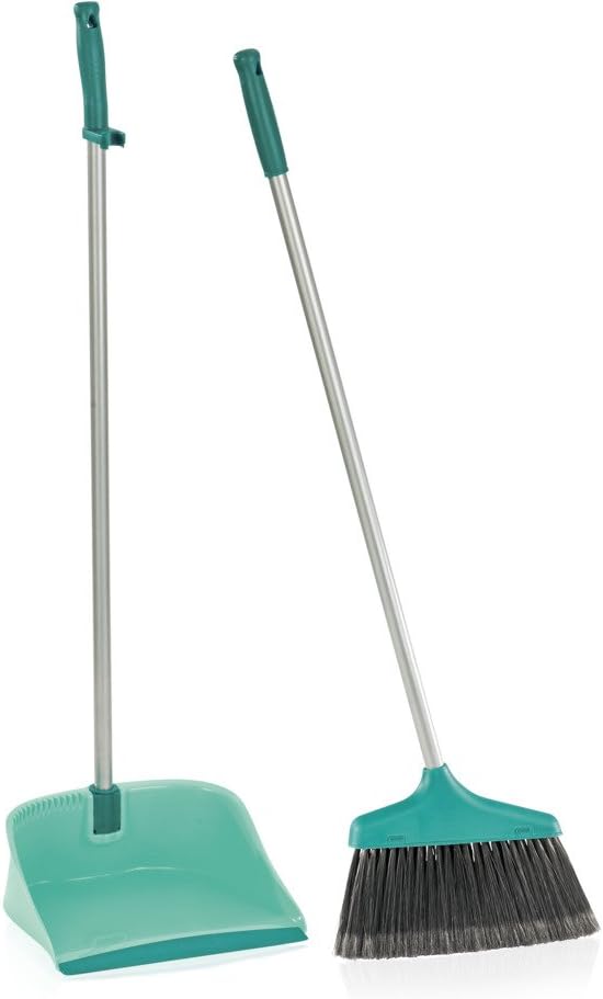 Leifheit Long Handled Dust Pan Set - Open Dust Pan, No Bend Sweeping, Split Bristle Ends Collect Fine Dust
