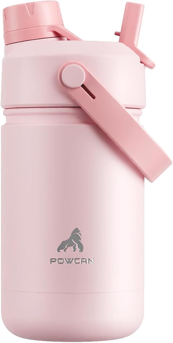 POWCAN Insulated Water Bottle with 2-in-1 Straw and Spout Lid, Keep Cold 24H, Leak-Proof, Fits in Car Cup Holder, Stainless Steel Water Bottle for Sports, School, 355 ml, Cotton Candy