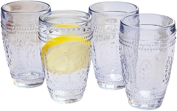 Darthome Set of 4 Blue Embossed Glass Tumblers 300ml Water Drinking Glasses Boxed