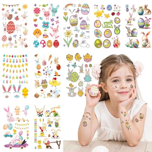 150 Easter Temporary Tattoos for Kids Bulk 10 Sheets, Easter Bunny Decorations Basket Stuffers Egg Hunt Fillers Party Favor Essentials for Toddler and Teens Holiday Treats