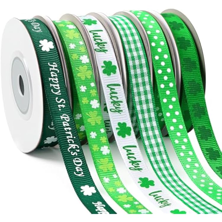 DECYOOL St Patricks Day Ribbon 6 Rolls 60 Yards Shamrock Grosgrain Ribbon for Craft 10mm Wide Lucky Clover Ribbons for Irish Holiday Gift Wrapping Hair Bow Sewing Home Party Decoration