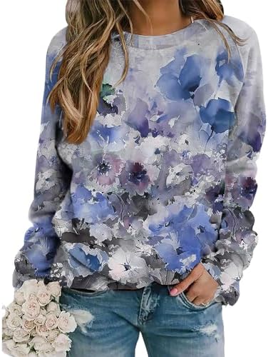 Akivide Womens Long Sleeve Flower and Landscape Print Sweatshirt Casual Fall Loose Crewneck Pullover Tops