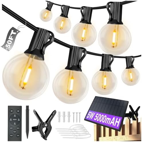 DAYBETTER 50ft Solar String Lights Outdoor Waterproof with with 5W Panel 25 Bulbs 2700K Warm White,Solar Powered Weather Resistant for Patio, Garden, Yard, Pathway No Outlet Needed for Homeowners