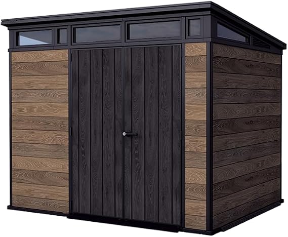 Keter Signature Collection 9x7 Ft All-Weather Storage Shed with Skylight, Window, Built-in Ventilation, Lockable Double Doors, Walnut