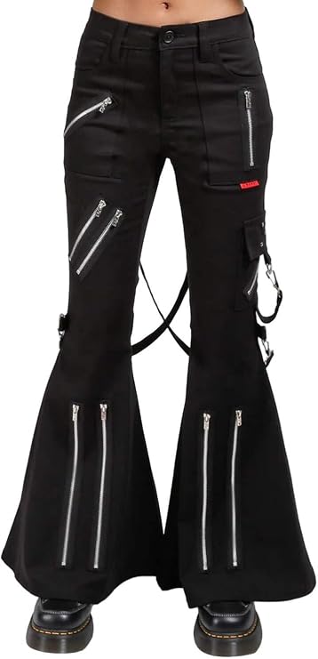 Tripp NYC Women's Space Punk Flared Pants, Black with Removable Straps and Adjustable Zippered Legs, 97% Cotton 3% Spandex