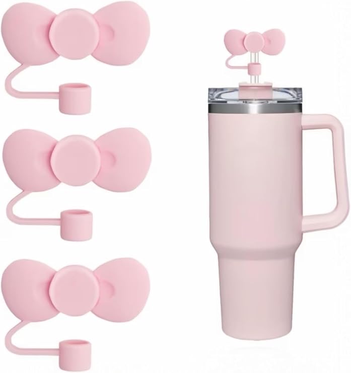 Yenigeldi 1 Adet Stanley Uyumlu Pembe Fiyonklu Pipet Tıpası Silikon Toz Kapağı, Estetik Bardak Aksesuarı, 9-10mm Pipetler için Uygun