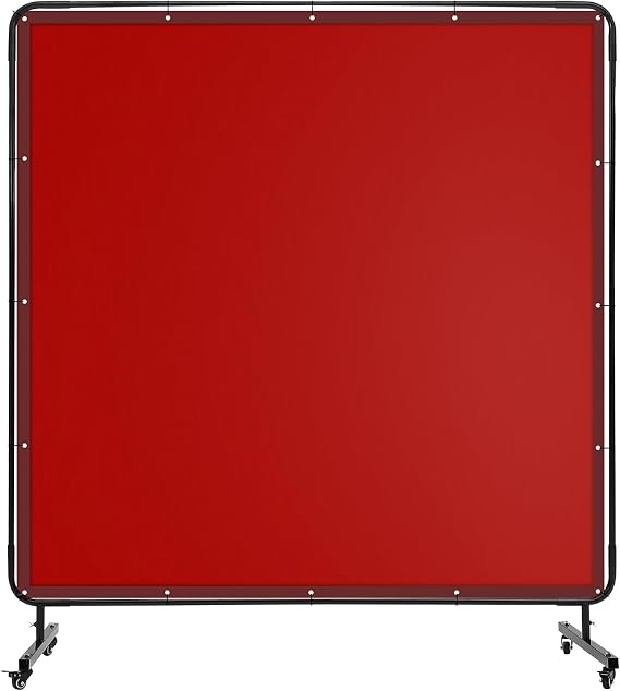 6 X 6 FT Vinyl Welding Screen with Frame, Flame-Resistant PVC Welding Curtain with Lockable Swivel Wheels, Transparent Welding Screen Panel for Welding Safety, Red