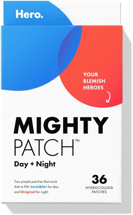 Mighty Patch™ Day and Night Patches – The Hydrocolloid Patch Duo Pack. Derm-Tested. Medical-Grade Hydrocolloid. Absorbs Pimple Gunk in 6-8 Hours. 36ct (18x Original, 18x Invisible+) | 18x Original + 18x Invisible+ Patches, Absorbs Pimple Gunk in 6-8 Hours, Medical-Grade Hydrocolloid, Dermatologist-Tested