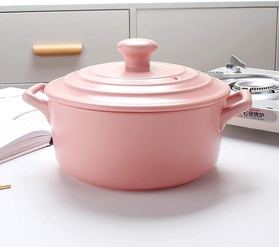 Round Ceramic Casserole Heat-Resistant earthen Pot Clay Pot Stock Pot with lid and Handle Pot (Pink 2.32Quart)
